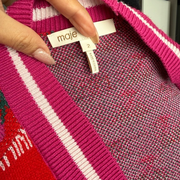 Maje Red Cherry Jacquard Knit Cardigan | Parisian Statement Sweater | Size 2 - Picture 10 of 11